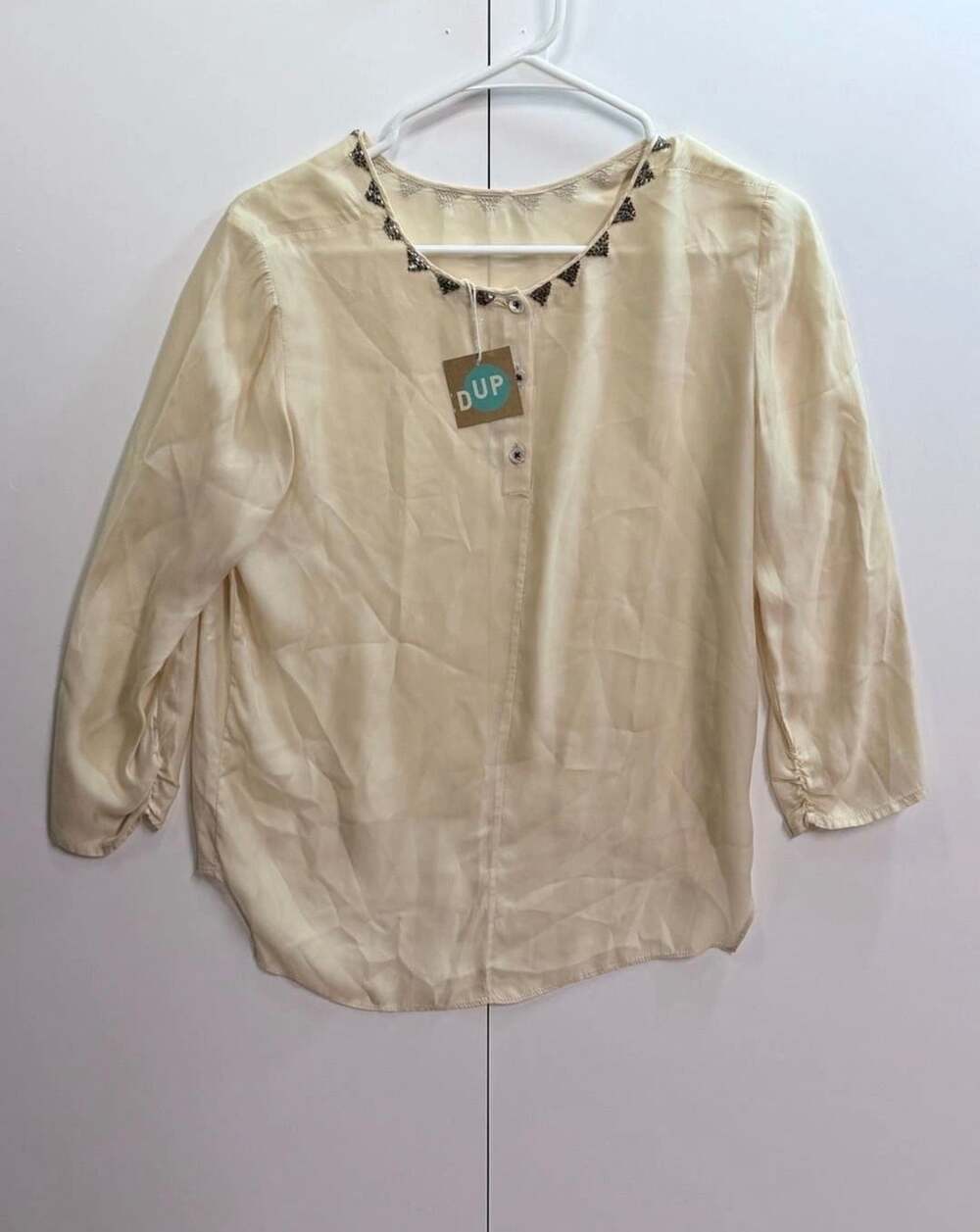Dup Beige Beaded Embellished Neck 3/4 Sleeve Blouse Top Small